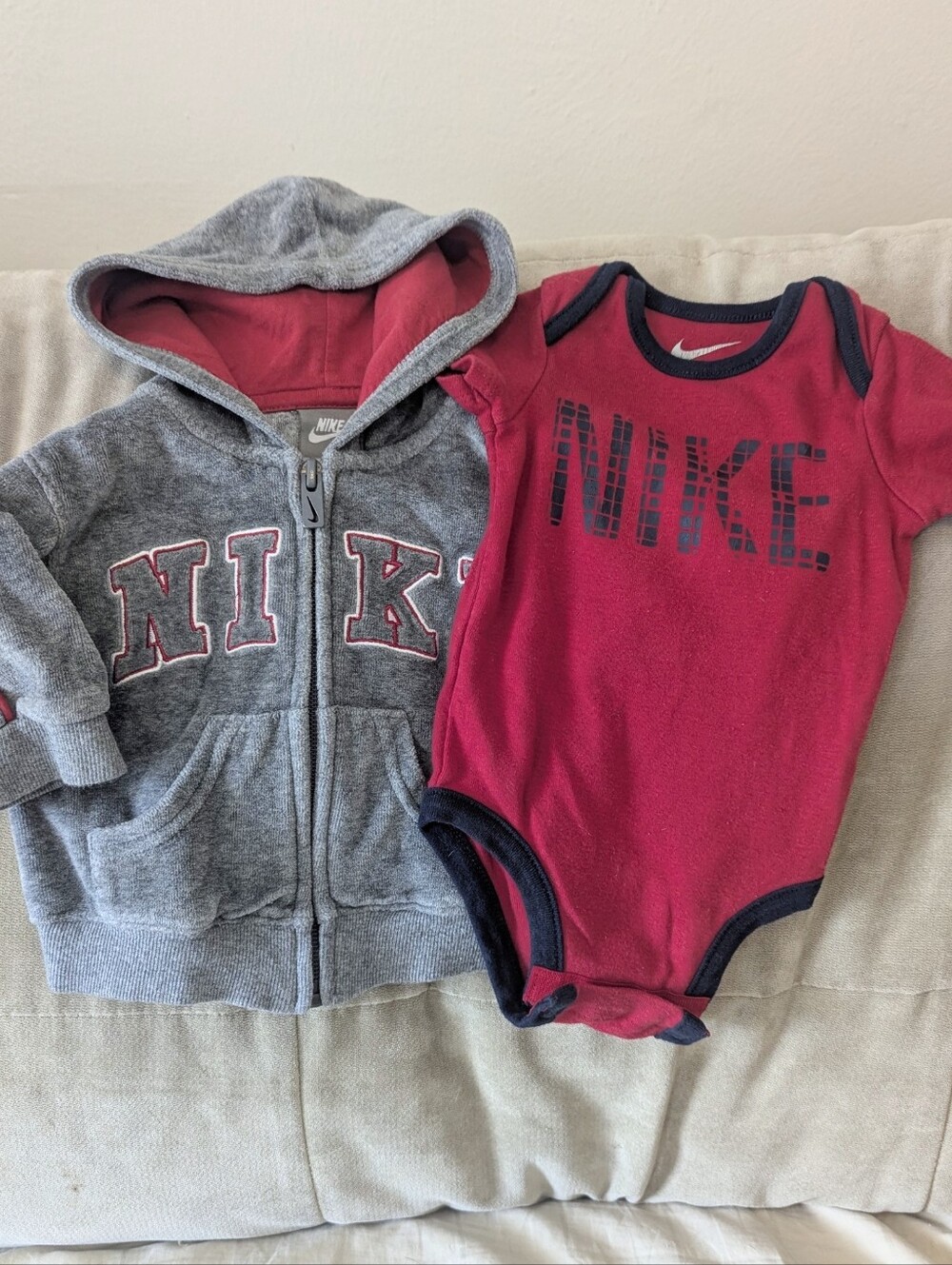 Nike Gray Hooded Zip Jacket & Red Onesie Set (3M & 3-6M)